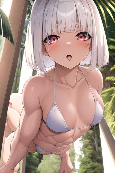 Anime Muscular Small Tits 40s Age Ahegao Face White Hair Bobcut Hair Style Light Skin Vintage Jungle Close Up View Jumping Bikini - AI Hentai - aihentai.co on pornintellect.com