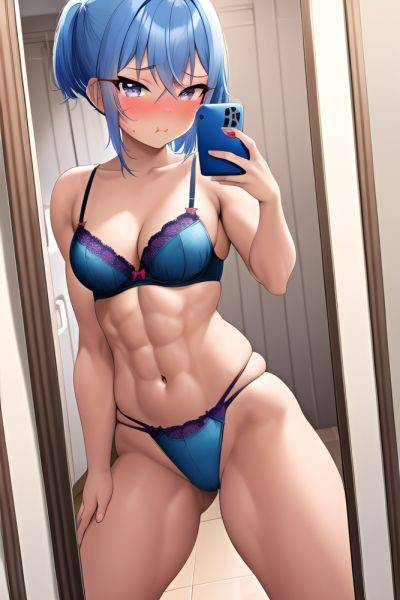 Anime Muscular Small Tits 50s Age Pouting Lips Face Blue Hair Pixie Hair Style Dark Skin Mirror Selfie Grocery Side View Spreading Legs Bra - AI Hentai - aihentai.co on pornintellect.com