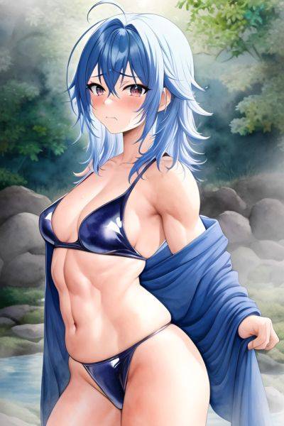 Anime Muscular Small Tits 30s Age Sad Face Blue Hair Messy Hair Style Light Skin Watercolor Onsen Close Up View Working Out Latex - AI Hentai - aihentai.co on pornintellect.com