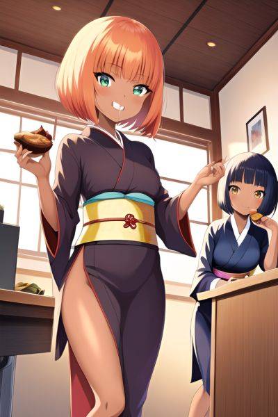 Anime Skinny Small Tits 60s Age Happy Face Ginger Bobcut Hair Style Dark Skin Illustration Office Front View Eating Kimono - AI Hentai - aihentai.co on pornintellect.com