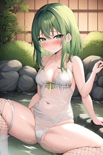 Anime Busty Small Tits 30s Age Sad Face Green Hair Bangs Hair Style Light Skin Illustration Onsen Side View Spreading Legs Fishnet - AI Hentai - aihentai.co on pornintellect.com