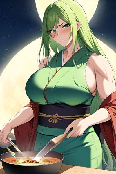 Anime Muscular Huge Boobs 60s Age Sad Face Green Hair Slicked Hair Style Light Skin Illustration Moon Close Up View Cooking Kimono 3662305299150641919 - AI Hentai - aihentai.co on pornintellect.com