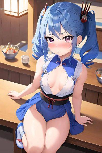 Anime Muscular Small Tits 18 Age Pouting Lips Face Blue Hair Pigtails Hair Style Light Skin Painting Bar Close Up View Jumping Geisha 3662471516471841663 - AI Hentai - aihentai.co on pornintellect.com
