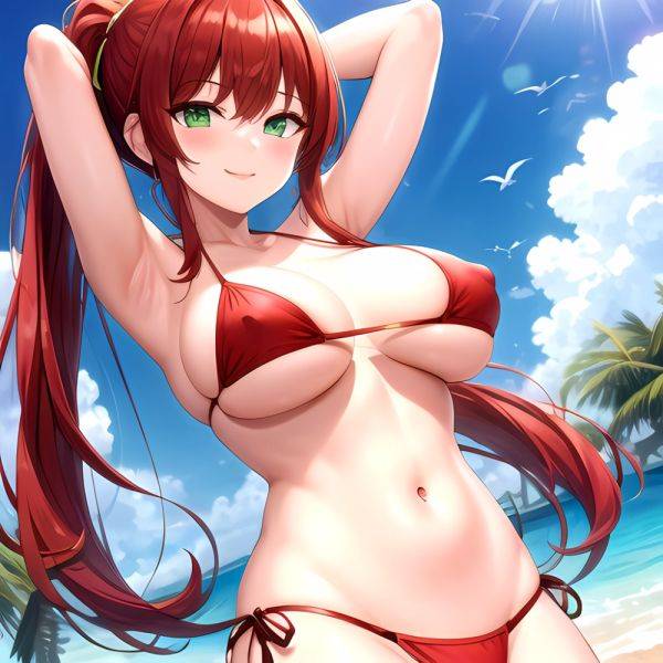 1girl Armpits Arms Behind Head Arms Up Bikini Breasts Closed Mouth Collarbone Covered Nipples Day Green Eyes Highres Jung Freud, 2739037040 - AI Hentai - aihentai.co on pornintellect.com