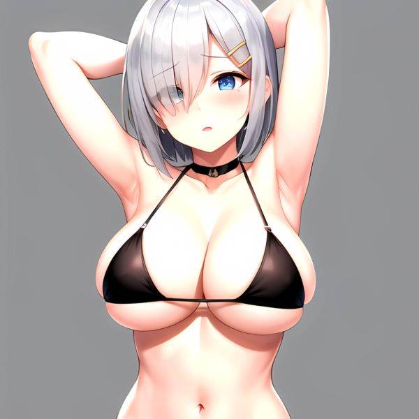 1girl Absurdres Armpits Arms Behind Head Bikini Black Bikini Black Choker Blue Eyes Blush Breasts Choker Cleavage Commentary Req, 4054401276 - AI Hentai - aihentai.co on pornintellect.com