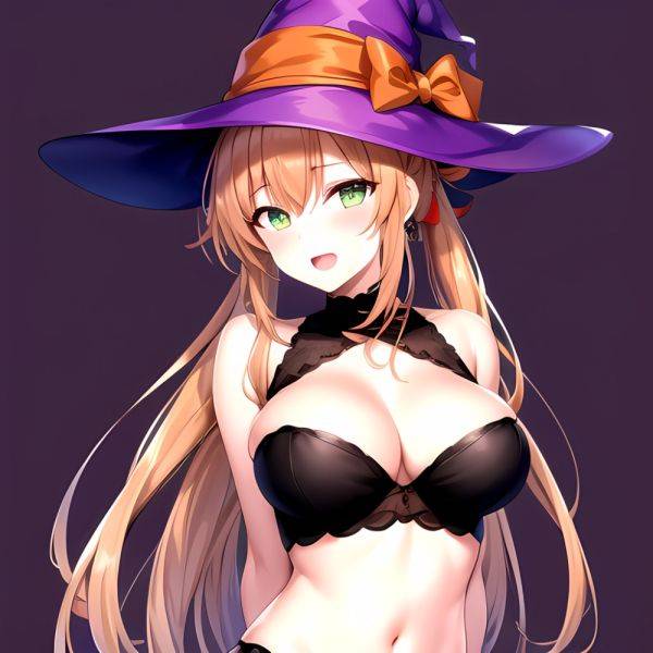 Chinatsu Suzutsuki Kurara 1girl Breasts Brown Hair Green Eyes Halloween Halloween Costume Hat Large Breasts Long Hair Open Mouth, 4189639281 - AI Hentai - aihentai.co on pornintellect.com