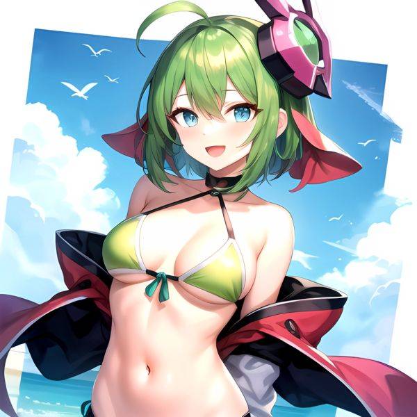 Roro Gunvolt 1girl Ahoge Arms Behind Back Bikini Blue Eyes Breasts Cowboy Shot Green Hair Groin Halterneck Headgear Light Partic, 2445864539 - AI Hentai - aihentai.co on pornintellect.com