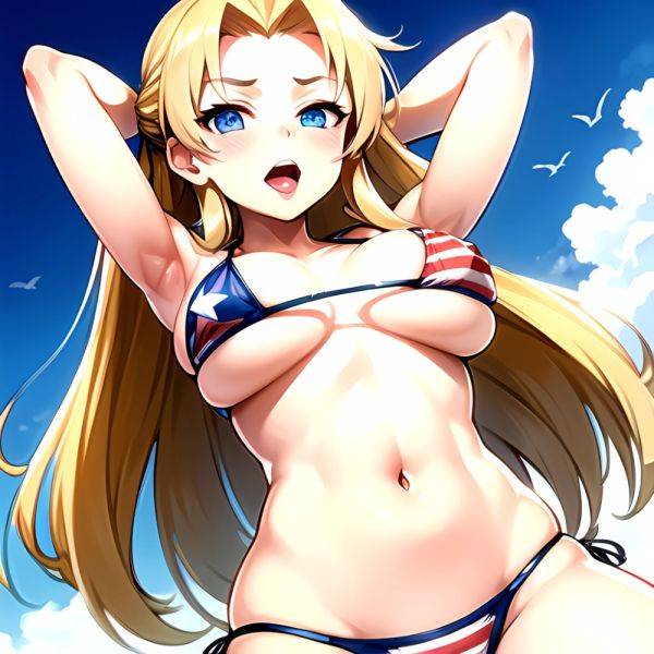 1girl American Flag Bikini Armpits Arms Behind Head Bikini Blonde Hair Blue Eyes Blush Breasts Covered Erect Nipples Flag Print, 3844148965 - AI Hentai - aihentai.co - Usa on pornintellect.com