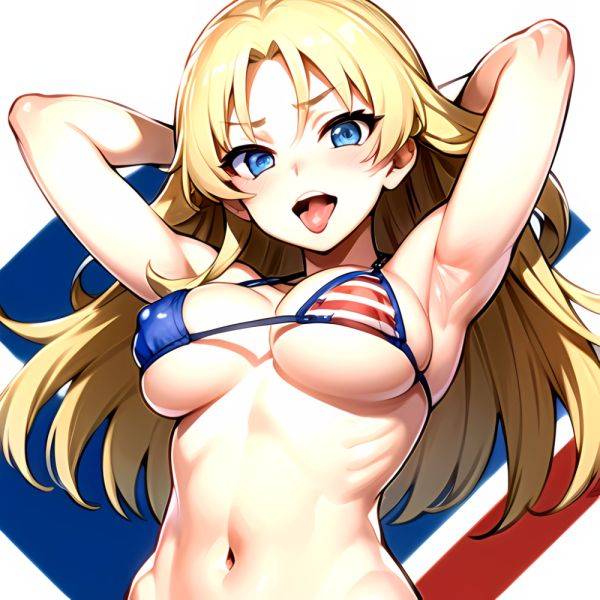 1girl American Flag Bikini Armpits Arms Behind Head Bikini Blonde Hair Blue Eyes Blush Breasts Covered Erect Nipples Flag Print, 3151710519 - AI Hentai - aihentai.co - Usa on pornintellect.com