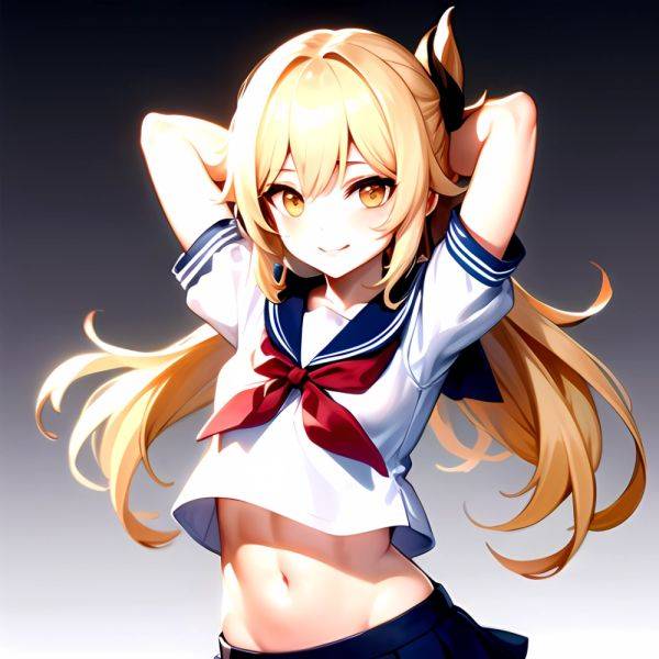 1girl Arms Up Arms Behind Head Blonde Hair Blue Skirt Bow Crop Top Crop Top Overhang Genshin Impact Gradient Background, 1091162077 - AI Hentai - aihentai.co on pornintellect.com