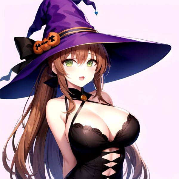 Chinatsu Suzutsuki Kurara 1girl Breasts Brown Hair Green Eyes Halloween Halloween Costume Hat Large Breasts Long Hair Open Mouth, 726397770 - AI Hentai - aihentai.co on pornintellect.com