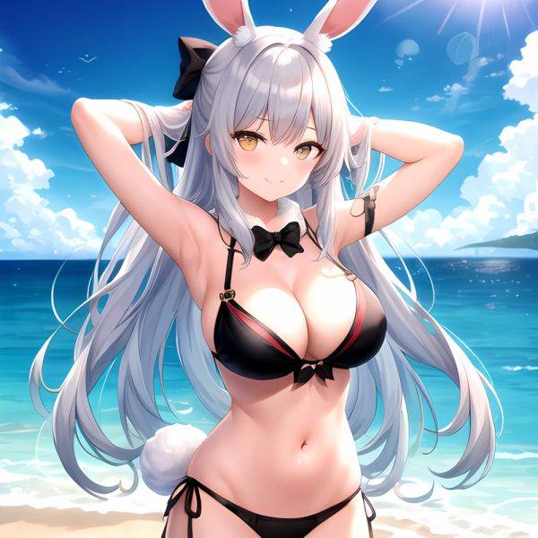 1girl Animal Ears Arms Behind Head Armpits Bare Shoulders Bikini Black Bikini Blue Bow Bow Breasts Cleavage Closed Mouth Cowboy, 1241983131 - AI Hentai - aihentai.co on pornintellect.com