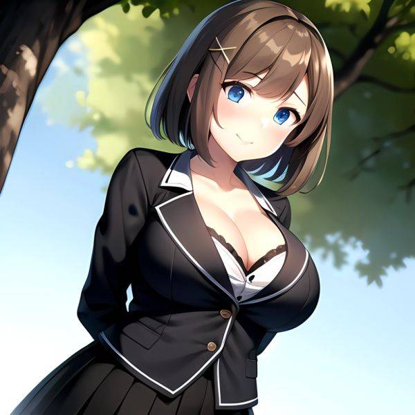 Blue Eyes Breasts Brown Hair Cleavage Large Breasts Short Hair Skirt Maya Kancolle 1girl Alternate Costume Arms Behind Back Blac, 2067913461 - AI Hentai - aihentai.co on pornintellect.com