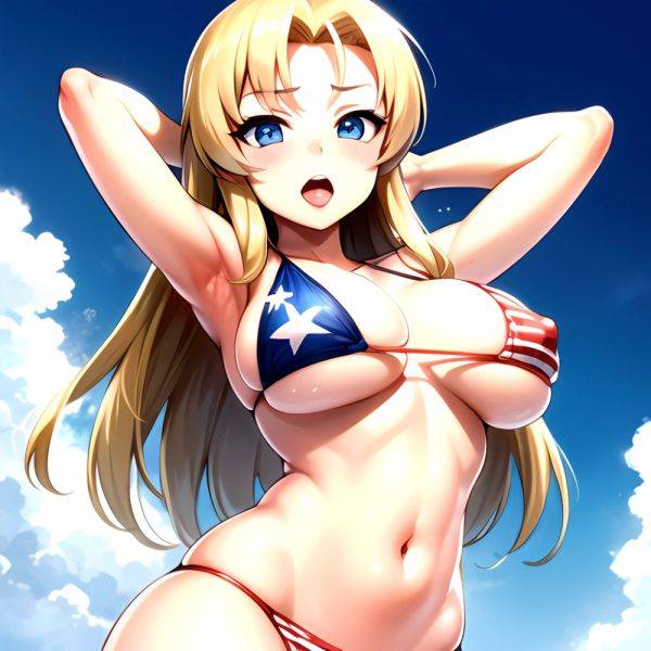 1girl American Flag Bikini Armpits Arms Behind Head Bikini Blonde Hair Blue Eyes Blush Breasts Covered Erect Nipples Flag Print, 1143140471 - AI Hentai - aihentai.co - Usa on pornintellect.com