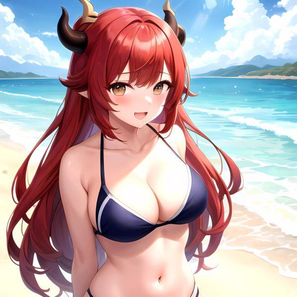 Nilou Genshin Impact 1girl Bare Shoulders Beach Bikini Blush Breasts Cleavage Collarbone Fake Horns Horns Large Breasts Long Hai, 2434021587 - AI Hentai - aihentai.co on pornintellect.com