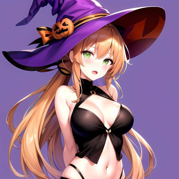 Chinatsu Suzutsuki Kurara 1girl Breasts Brown Hair Green Eyes Halloween Halloween Costume Hat Large Breasts Long Hair Open Mouth, 780284025 - AI Hentai - aihentai.co on pornintellect.com