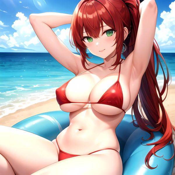 1girl Armpits Arms Behind Head Bikini Breasts Closed Mouth Collarbone Covered Nipples Day Green Eyes Highres Jung Freud Large Br, 2739039783 - AI Hentai - aihentai.co on pornintellect.com