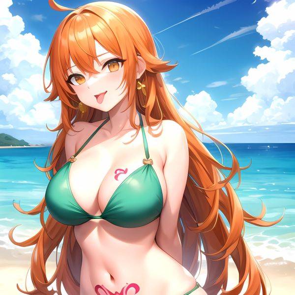 Nami One Piece 1girl Bare Arms Bare Shoulders Bikini Breasts Earrings Green Bikini Groin Jewelry Large Breasts Long Hair Looking, 2156507197 - AI Hentai - aihentai.co on pornintellect.com