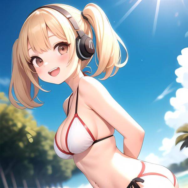 Super Pochaco 1girl Arms Behind Back Bare Shoulders Bikini Blonde Hair Blush Breasts Brown Eyes Cleavage Cowboy Shot Dark Skinne, 1074649885 - AI Hentai - aihentai.co on pornintellect.com