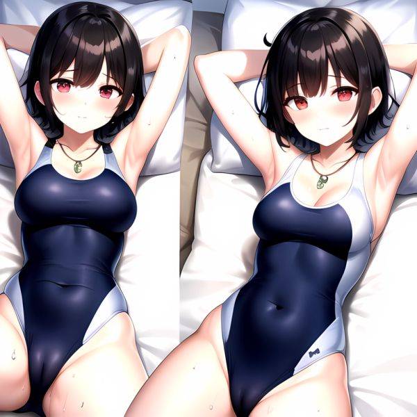 Tutinako Morino Rinze 1girl Black Hair Blush Closed Mouth Competition Swimsuit Covered Navel Heart Jewelry Looking At Self Lying, 1226852418 - AI Hentai - aihentai.co on pornintellect.com