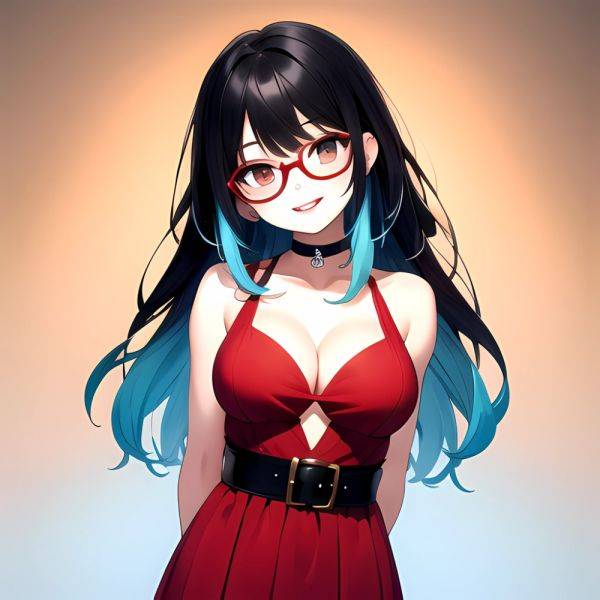 Kson 1girl Black Hair Blue Hair Breasts Brown Eyes Choker Cleavage Collarbone Dress Glasses Gradient Hair Head Tilt Looking At, 4234917553 - AI Hentai - aihentai.co on pornintellect.com