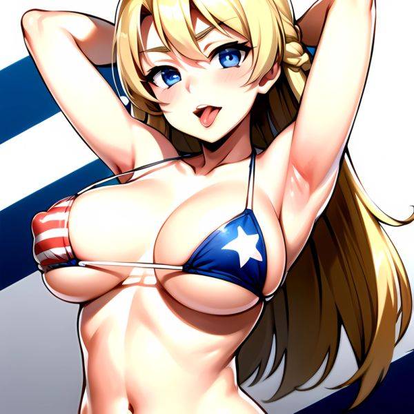 1girl American Flag Bikini Armpits Arms Behind Head Bikini Blonde Hair Blue Eyes Blush Breasts Covered Erect Nipples Flag Print, 2749132043 - AI Hentai - aihentai.co - Usa on pornintellect.com