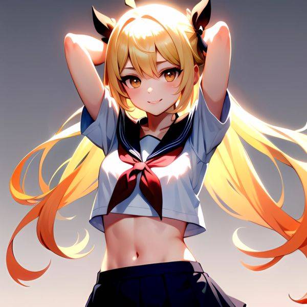 1girl Arms Up Arms Behind Head Blonde Hair Blue Skirt Bow Crop Top Crop Top Overhang Genshin Impact Gradient Background, 4123540741 - AI Hentai - aihentai.co on pornintellect.com