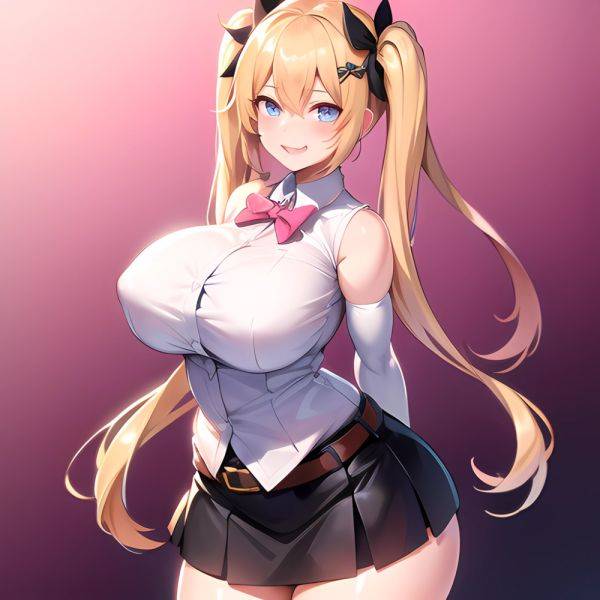 1girl Aymusk Belt Black Skirt Blonde Hair Blue Eyes Blush Bow Bowtie Breasts Curvy Elbow Gloves Fang Gloves Gradient Background, 1629350240 - AI Hentai - aihentai.co on pornintellect.com