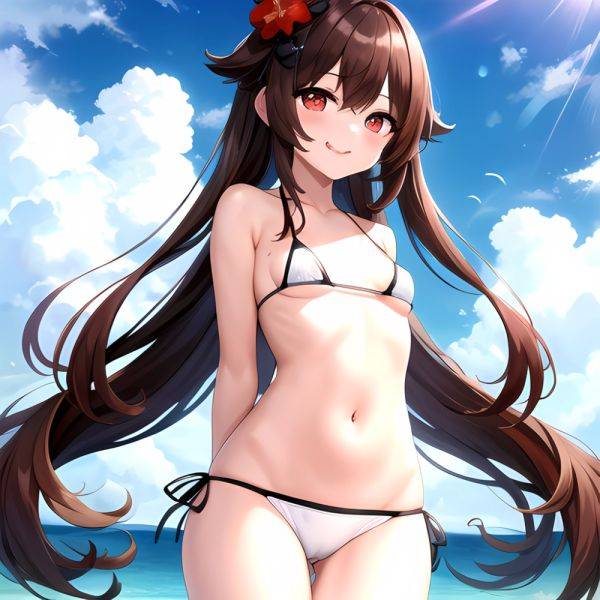 1girl Q Absurdres Arms Behind Back Bikini Blush Breasts Brown Hair Cameltoe Cleft Of Venus Covered Nipples Cowboy Shot Flower, 33655067 - AI Hentai - aihentai.co on pornintellect.com