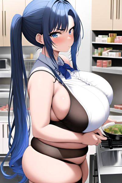 Anime Chubby Huge Boobs 20s Age Serious Face Blue Hair Pigtails Hair Style Dark Skin Black And White Grocery Side View Cooking Stockings - AI Hentai - aihentai.co on pornintellect.com