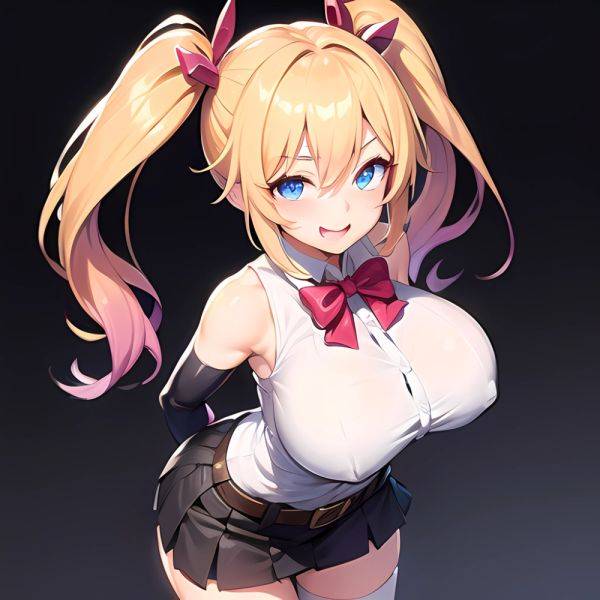 1girl Aymusk Belt Black Skirt Blonde Hair Blue Eyes Blush Bow Bowtie Breasts Curvy Elbow Gloves Fang Gloves Gradient Background, 2691726169 - AI Hentai - aihentai.co on pornintellect.com