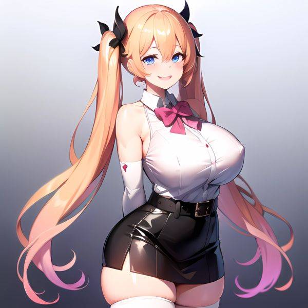 1girl Aymusk Belt Black Skirt Blonde Hair Blue Eyes Blush Bow Bowtie Breasts Curvy Elbow Gloves Fang Gloves Gradient Background, 1935030823 - AI Hentai - aihentai.co on pornintellect.com