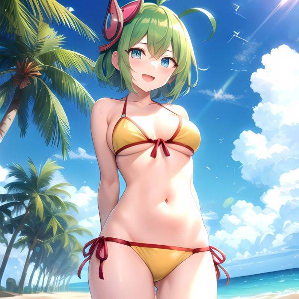 Roro Gunvolt 1girl Ahoge Arms Behind Back Bikini Blue Eyes Breasts Cowboy Shot Green Hair Groin Halterneck Headgear Light Partic, 2725825733 - AI Hentai - aihentai.co on pornintellect.com