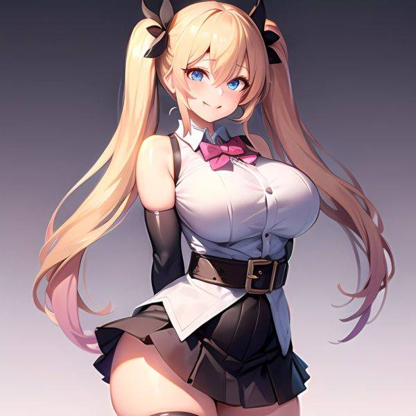 1girl Aymusk Belt Black Skirt Blonde Hair Blue Eyes Blush Bow Bowtie Breasts Curvy Elbow Gloves Fang Gloves Gradient Background, 3078738376 - AI Hentai - aihentai.co on pornintellect.com
