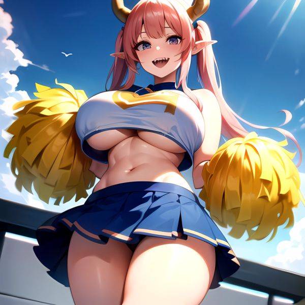 1girl Absurdres Blue Skirt Bluefrok Breasts Cheerleader Dragon Girl Dragon Horns Highres Holding Holding Pom Poms Horns Huge Bre, 1709418978 - AI Hentai - aihentai.co on pornintellect.com