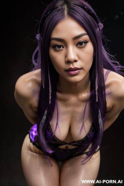 Elaborate flowing purple hair with black highlights, bend down, satisfied expression, - ai-porn.ai on pornintellect.com