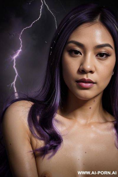 Elaborate flowing purple hair with black highlights, bend down, relaxed expression, - ai-porn.ai on pornintellect.com
