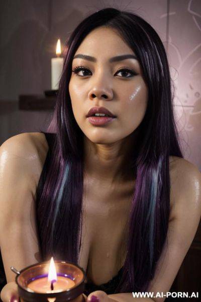 Elaborate flowing purple hair with black highlights, bend down, - ai-porn.ai on pornintellect.com