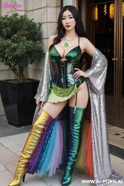 Chinese，rainbow sequin corset，tutu skirt， mesh robe，rainbow paris green sequin bra ,necklace，rainbow print large pointed thigh-high boots, hairy pussy, nude - ai-porn.ai - China on pornintellect.com