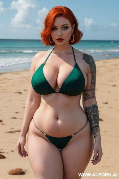 Tall busty goth ginger milf, gorgeous face, thick lips, bobcut ginger hair, green eyes, busty hourglass body, massive boobs, waist, abs, pawg, thick legs, wide hips, beach, full body picture, - ai-porn.ai on pornintellect.com