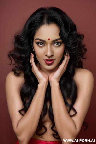 Indian, long curly hair, fit, abs, muscle, navel piercing, red bra, red pleat skirt, looking at camera, tall, stiletto, full body, t pose, mew, open mouth - ai-porn.ai - India on pornintellect.com