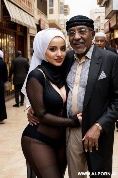 Curvy arabic busty wearing hijab and bikini hugged from black grandpa in crowded street - ai-porn.ai on pornintellect.com