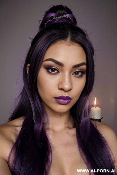 Elaborate flowing hairdo, purple hair with black highlights, glamor, bow down, - ai-porn.ai on pornintellect.com