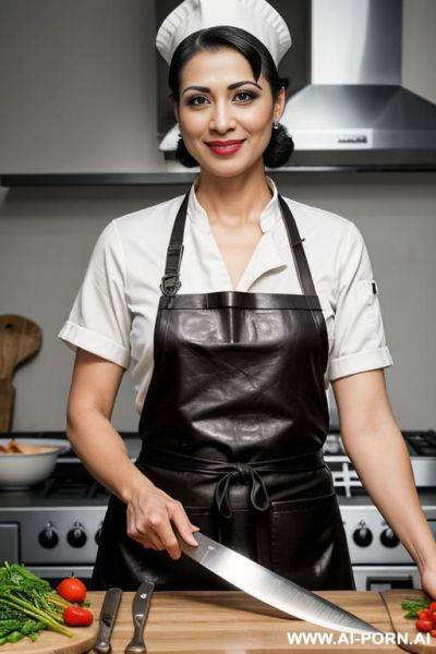 Beautiful nude woman standing in kitchen wearing kitchen apron showing her pretty titts - ai-porn.ai on pornintellect.com