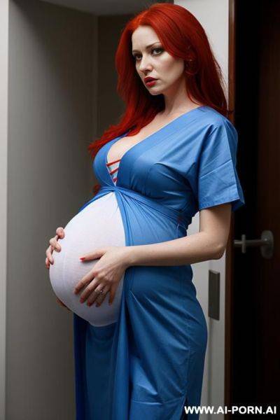 Furious, pregnant, red hair, blue hospital gown, bnwo - ai-porn.ai on pornintellect.com