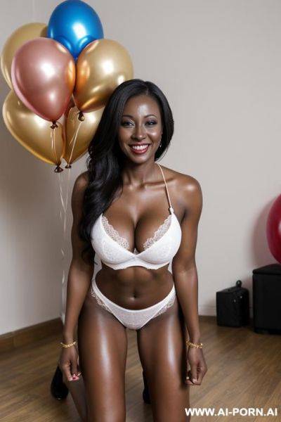 Suburban mom, kneeling on floor, birthday party, balloons, cake, dark skin - ai-porn.ai on pornintellect.com