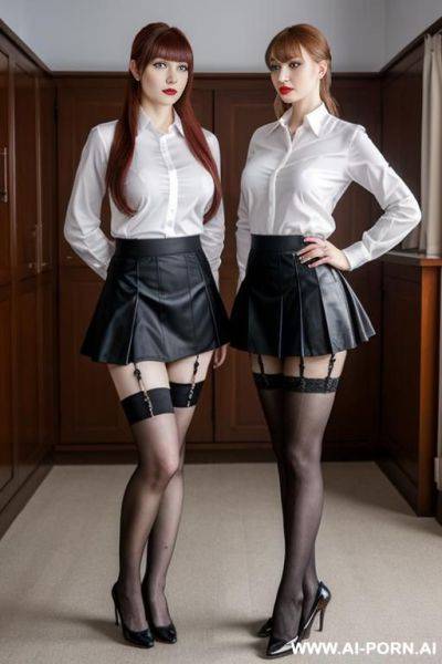 Two ugly submissive russian women standing in microskirt, shirt and stockings (microskirt) - ai-porn.ai - Russia on pornintellect.com