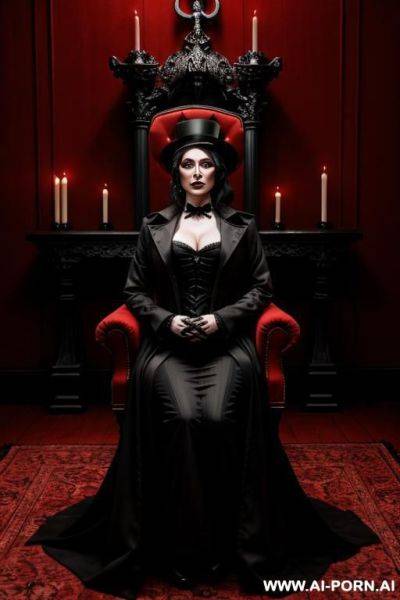 Cinematic-style medium shot of a gothic horror scene with a satanist makeup. a man with a long black coat and a top hat is standing in a dimly lit room. he has red eyes and wears a - ai-porn.ai on pornintellect.com