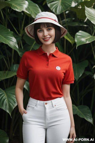 Gorgeous woman wearing a tight red polo shirt, she is wearing tight white jeans, standing in a jungle, (thick pubic hair:1.2), she is wearing a (white bucket hat) - ai-porn.ai on pornintellect.com