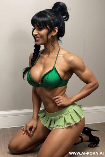 Indian, fit, abs, bangs, muscles, navel piercing, green bra, green frilly skirt, tall, looking at camera, full body, stiletto, open mouth, on all fours, side view - ai-porn.ai - India on pornintellect.com